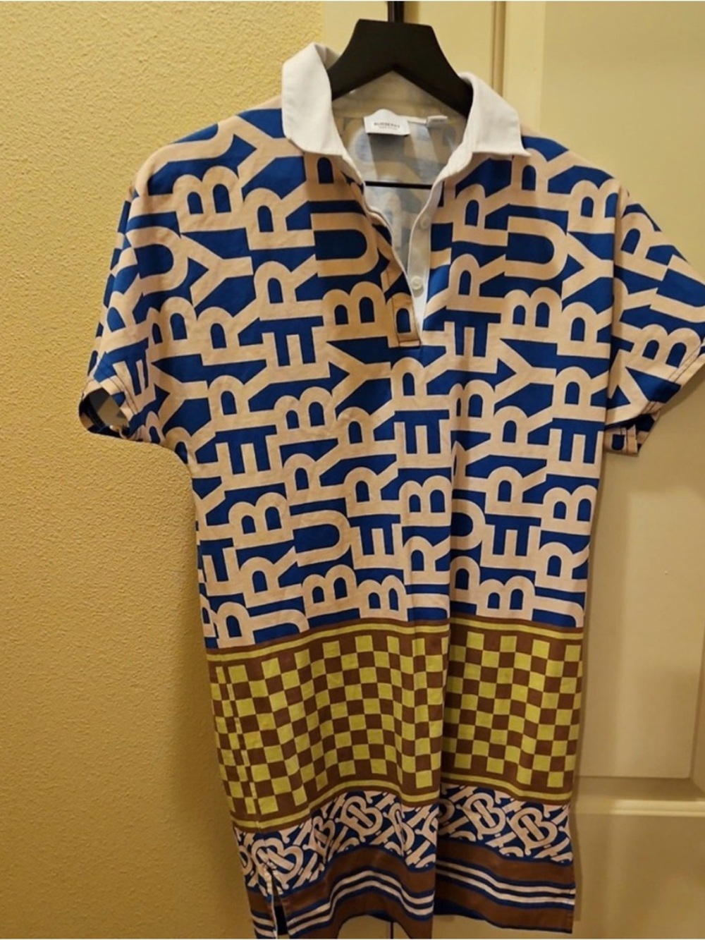 Burberry Blue & Beige All-Over Logo Polo Dress with Checker Trim